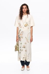 Vestido com peito estampado e rendas marfim