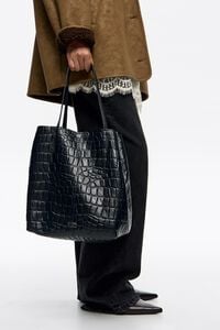 Bolso shopper grande piel grabado cocodrilo azul petr&oacute;leo