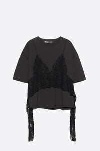 Faded black T-shirt top with lace overlay