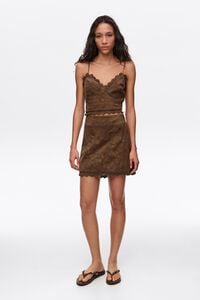 Khaki suede mini skirt with decorative stitching