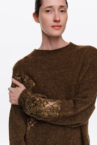 Olive alpaca high neck sweater with lace detailing