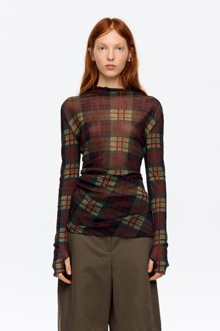 Red checked high neck tulle T-shirt