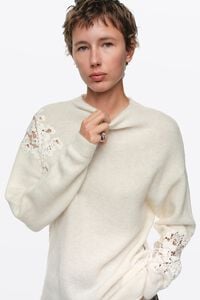 Ivory alpaca high neck sweater with lace detailing