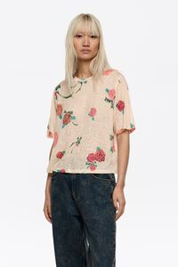 Ivory Ribbon Roses devor&eacute; boxy T-shirt