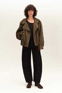 Dark olive suede double-breasted jacket