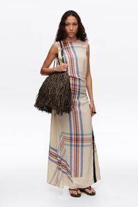 Ivory linen striped sleeveless dress with overlay strap