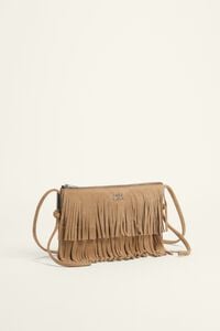 Small beige suede fringed clutch bag