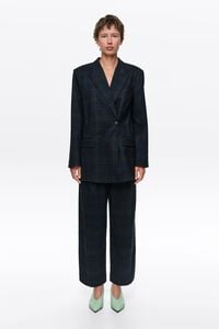Navy blue checked tailored double-breasted jacket