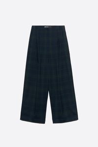 Navy blue checked darted barrel-leg trousers
