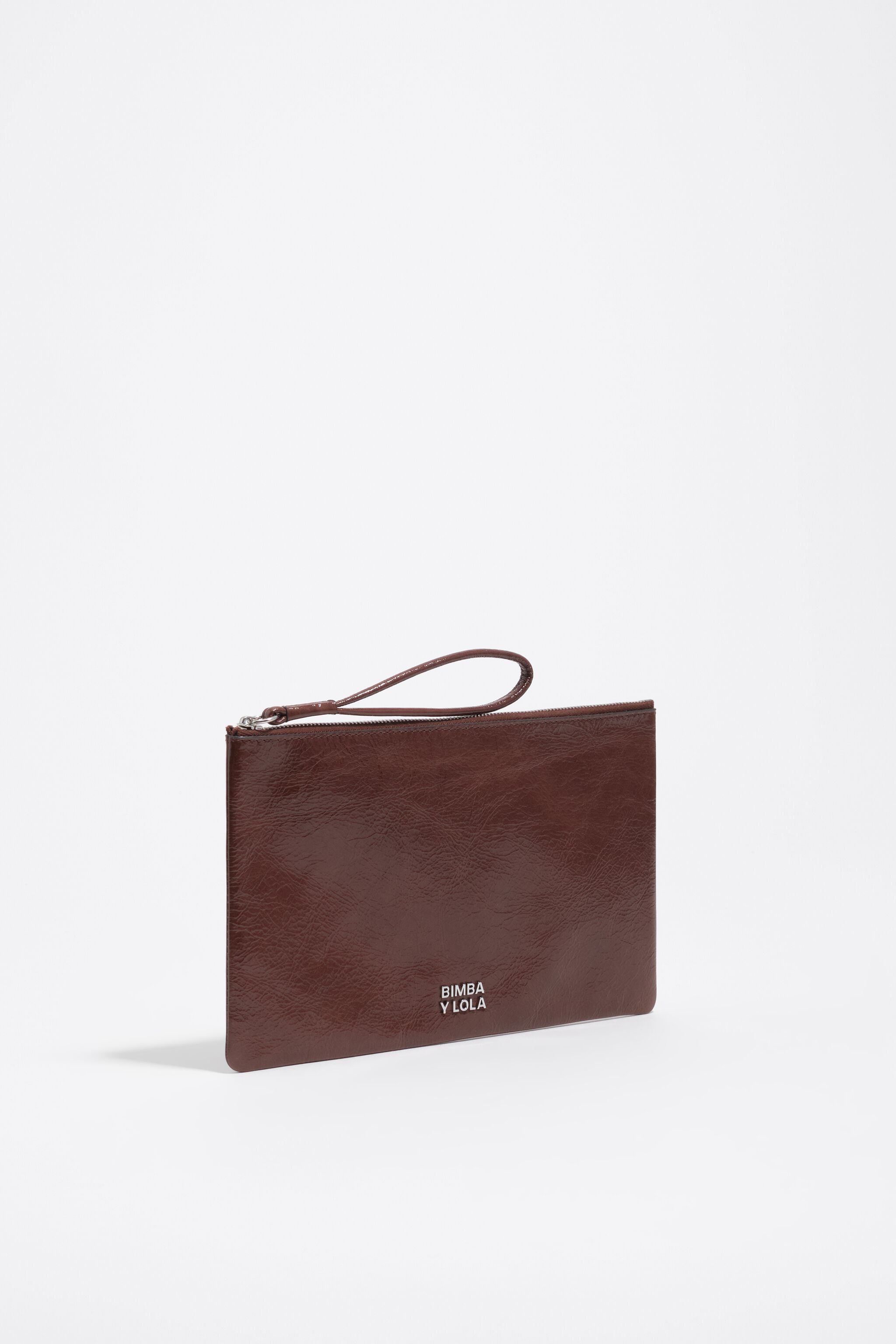 Mocha medium shiny leather zip clutch