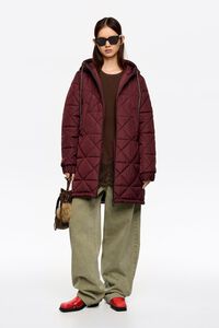 Burgundy straight cut hooded puffer