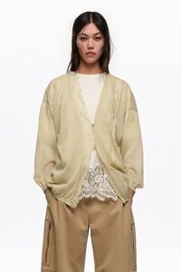 Long light green cotton and linen cardigan with lace trim