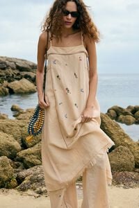 Sand linen A-line mini dress with embroidery
