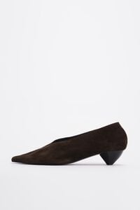 Brown suede low heel court shoe