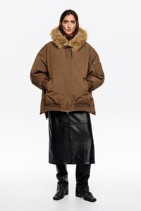 Casaco acolchoado penugem bomber capuz azeitona