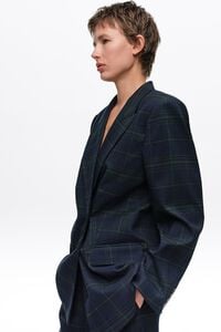 Navy blue checked tailored double-breasted jacket