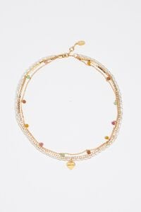 Triple crystals pearls and heart logo necklace