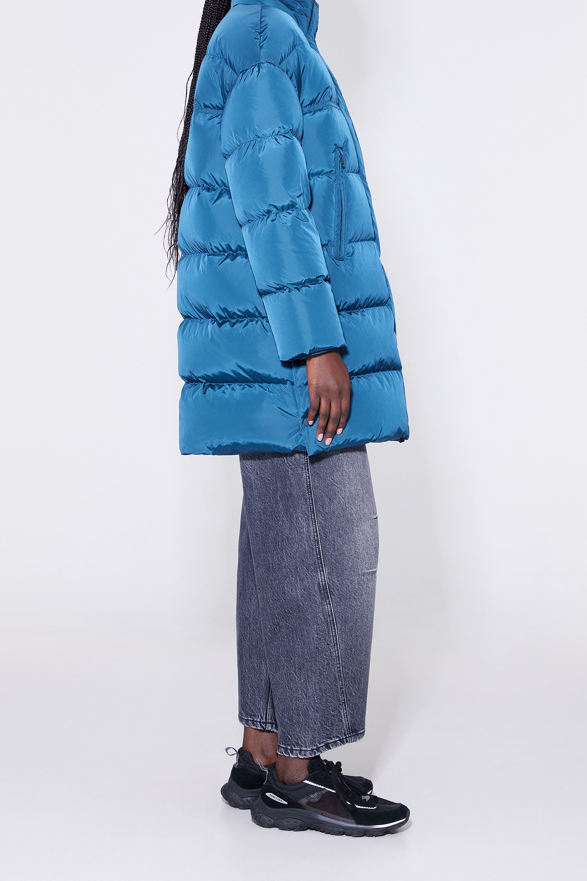 Petrol blue midi down puffer jacket