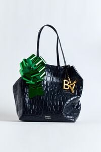 Large leather shopper bag in petrol blue mock croc