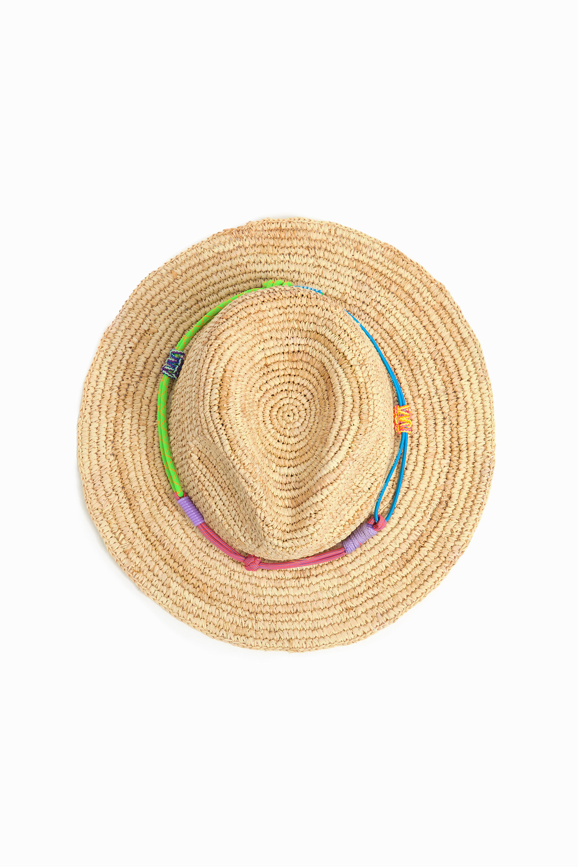 Raffia hat with multi-colored knots