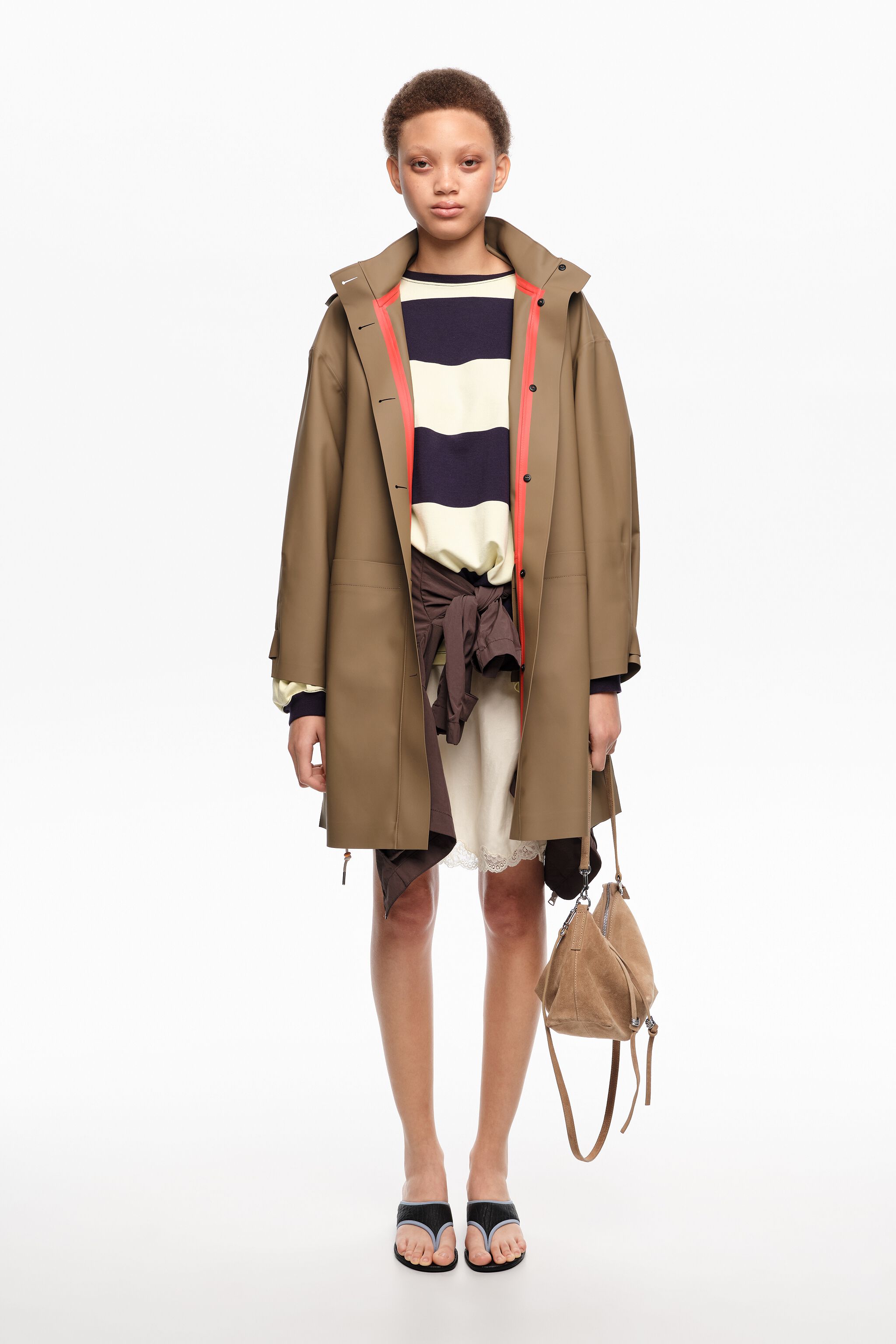Dark camel rubberized A-line trench