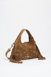 Bolso Paper peque&ntilde;o serraje flecos y tachas oliva