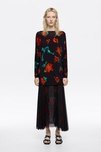 Black Ribbon Roses gathered dress with tulle skirt