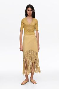 Mustard suede skirt with irregular fringes