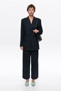 Navy blue checked tailored double-breasted jacket
