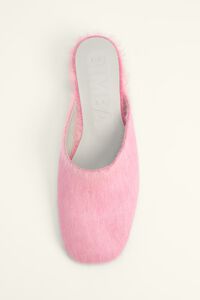 Pink leather fur wedge mule
