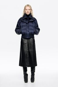 Navy blue down jacket with maxi knit neck