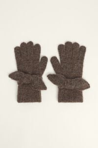 Gebreide handschoen met strik in bruine wolmix