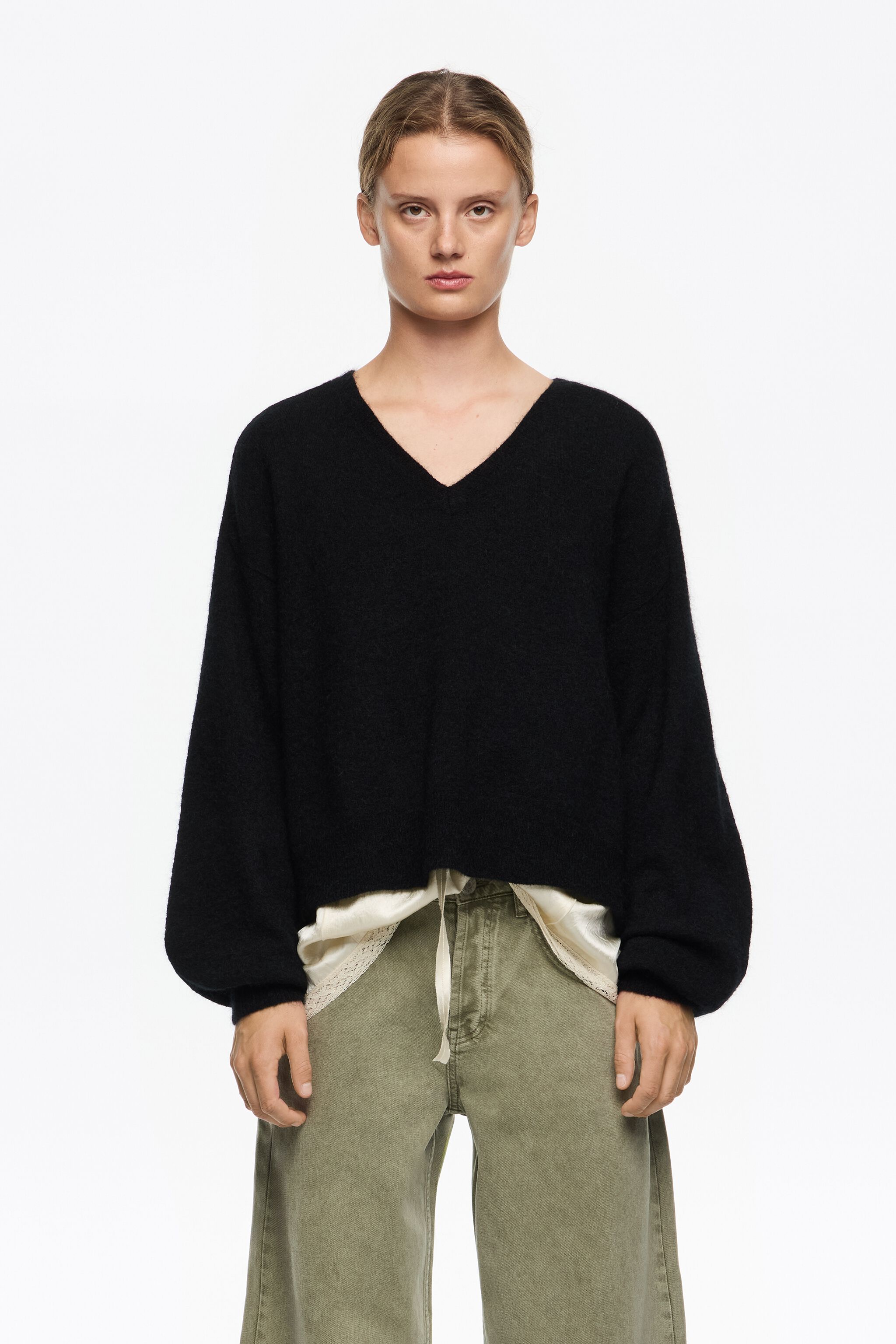 Black mohair V-neck sweater