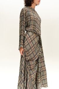 Khaki Tartan Pleated Ruched Dress