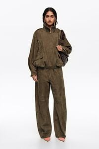 Dark olive suede barrel trousers