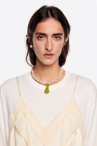 Pearl necklace green flocked rabbit charm