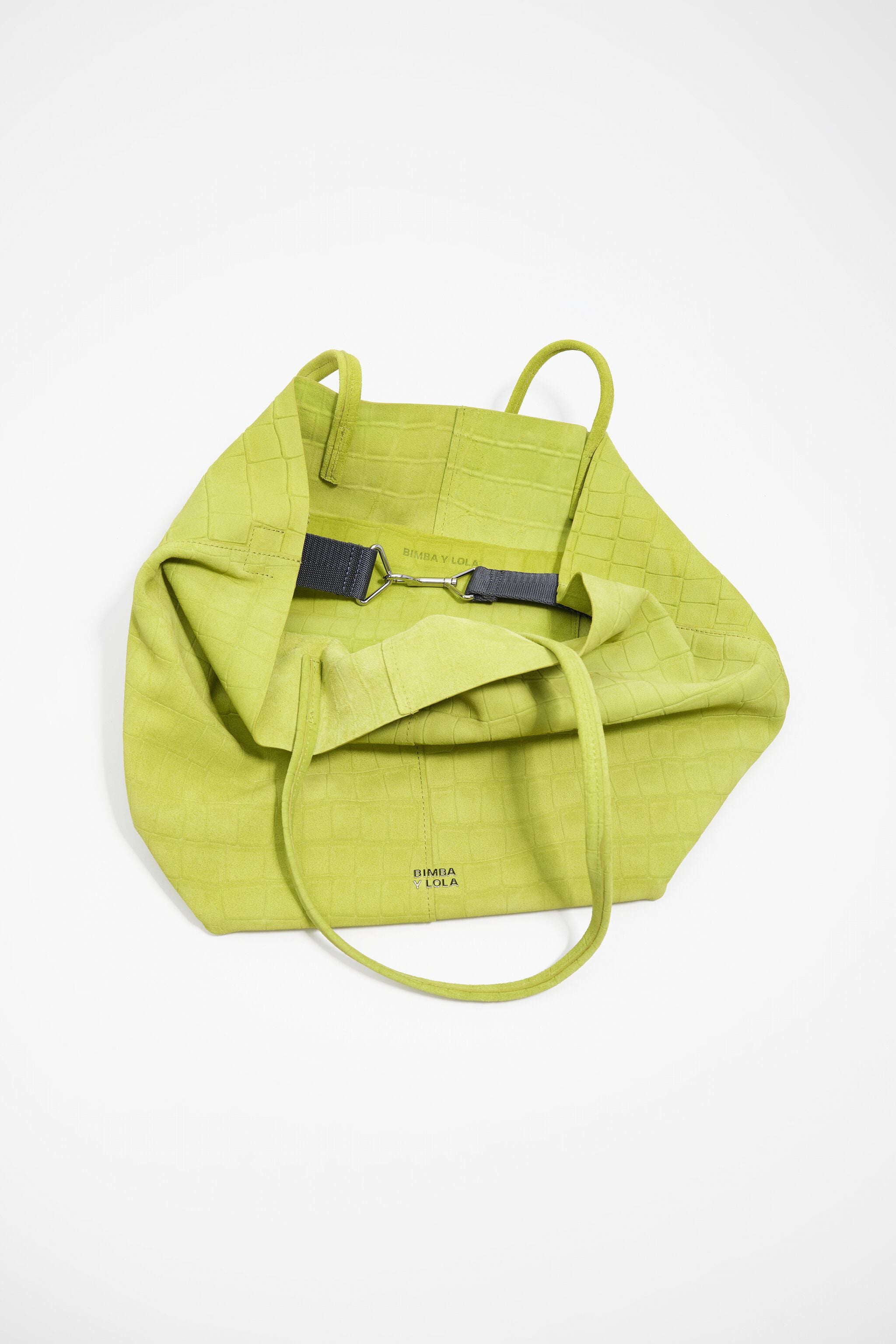 Large suede shopper bag in lime crocodile embossed