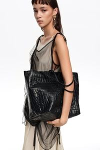 Torba shopper duża sk&oacute;ra tłoczony wz&oacute;r krokodyla ciemnoniebieska