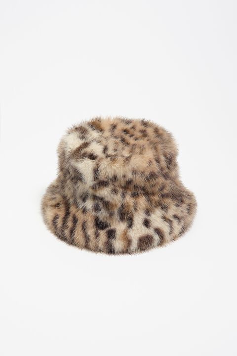 leopard vegan rabbit fur painter\'s hat Grey Faux Fur Leopard & Olive Rabbit Hat | Women main image 4