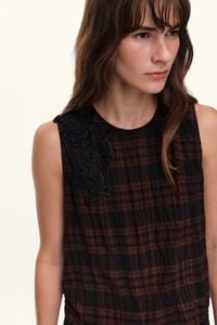 Dark brown checked midi dress with lace details