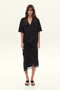 Black two-material T-shirt dress with knot