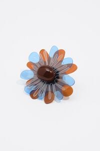 Ring Blume Blau und Braun mit Metallfassung in Silber-Metallic