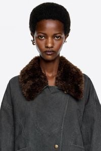 Dark gray double-breasted jacket with detachable fur