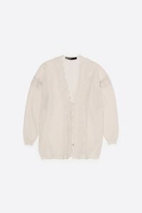 Long sand cotton and linen cardigan with lace trim