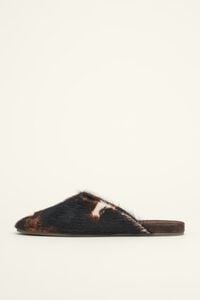 Cow print leather fur mule
