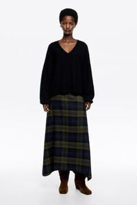 Khaki checked wool A-line skirt