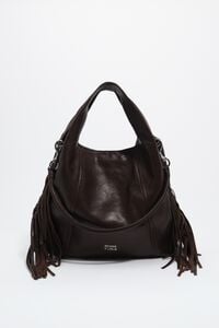 Medium coffee leather fringed Paper bag
