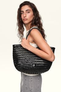 Large black plaited leather shopper bag