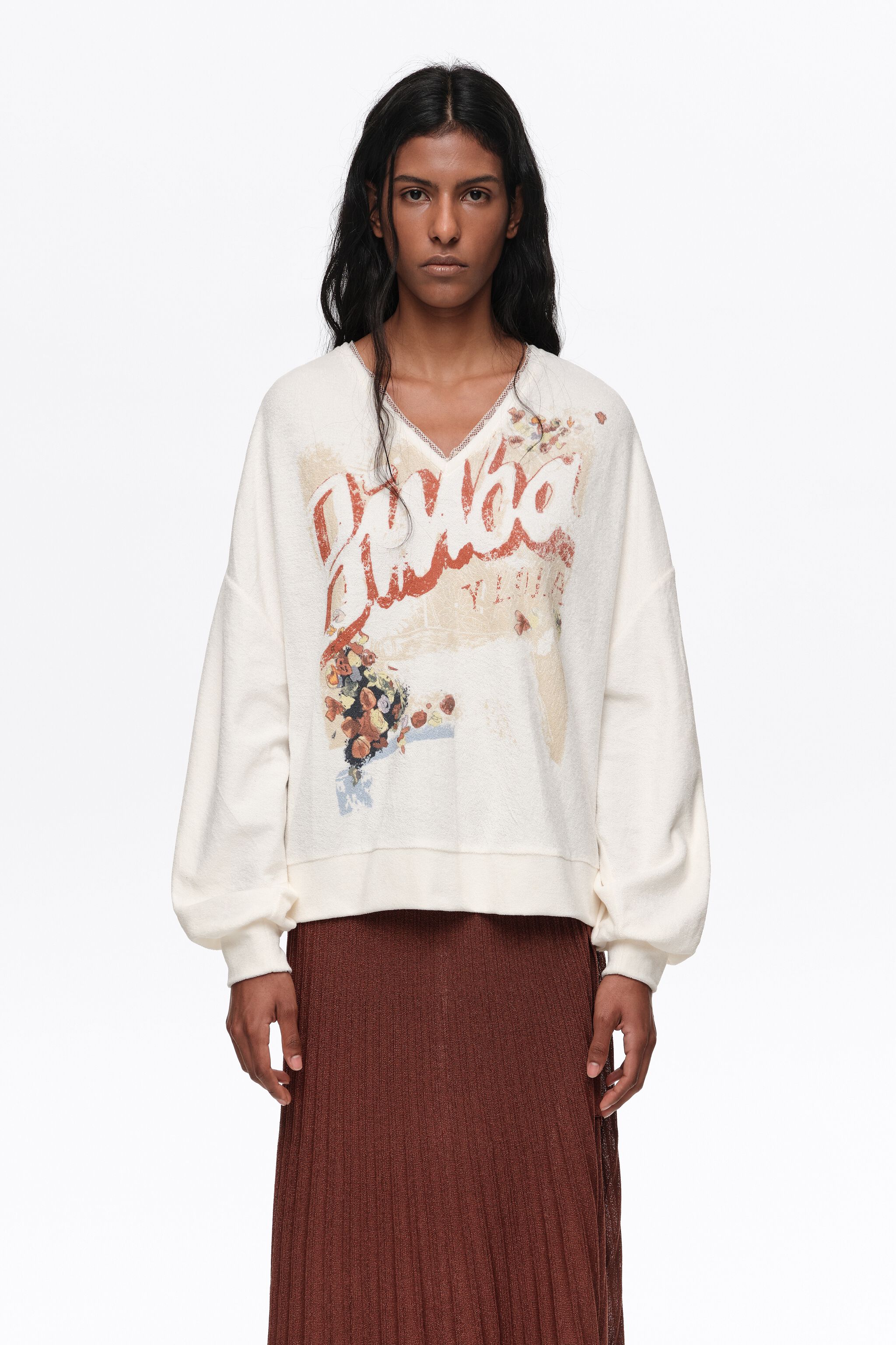 Ivory toweling V-neck sweatshirt