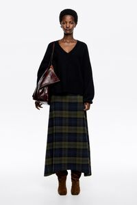 Khaki checked wool A-line skirt